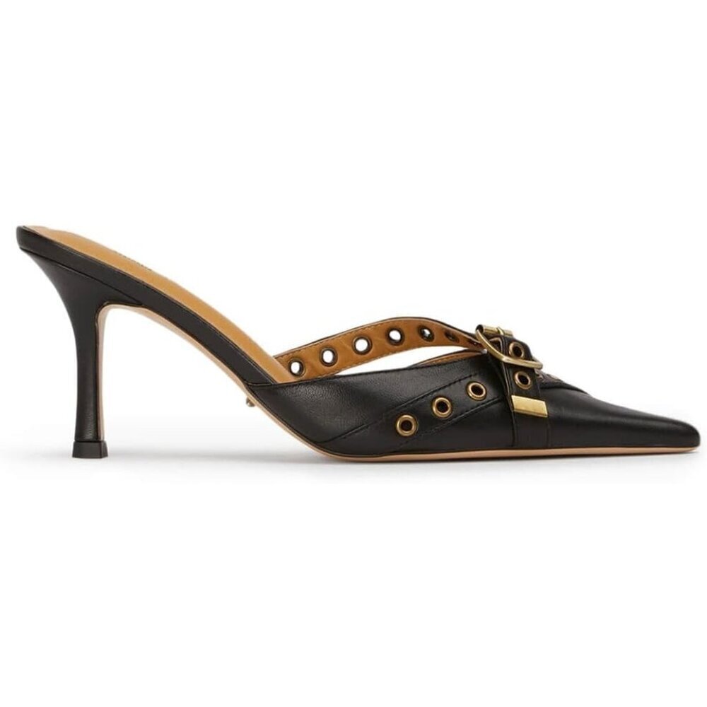 🆕 Black Faux Leather Kitten Heel Mules for Women Pointed Toe Studded Slip-